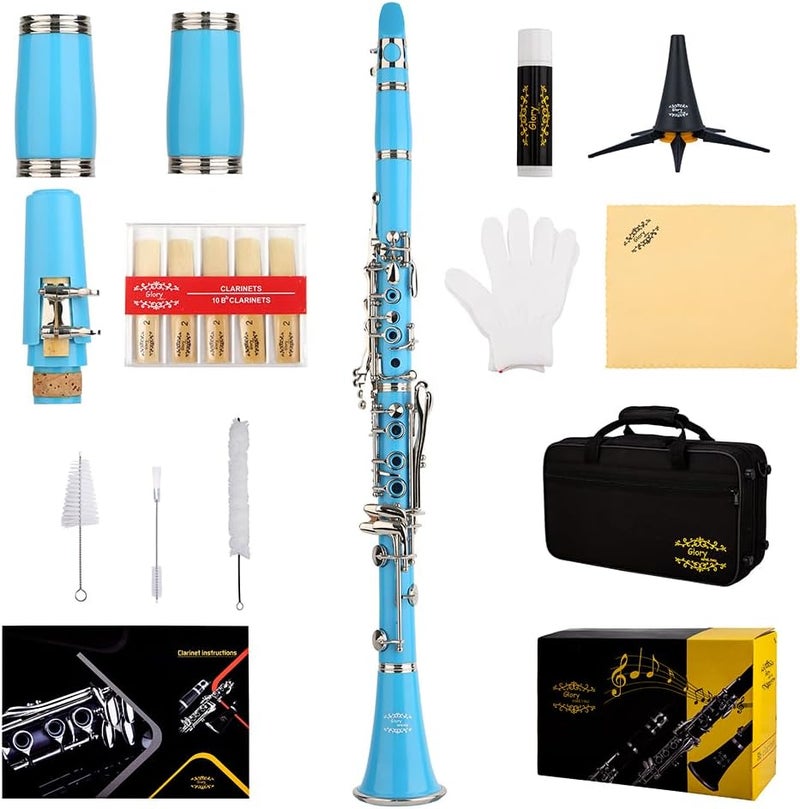 Glory GLY-CLALB Professional Ebonite Bb Clarinet with 10 Reeds, Stand, Hard Case, Cleaning Cloth, Mouthpiece Brush and Pad Brush,Light Blue/Silver - Image 1